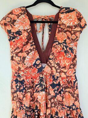 By Anthropologie Printed V-Neck Babydoll Midi Dress | Red Motif | Size 12